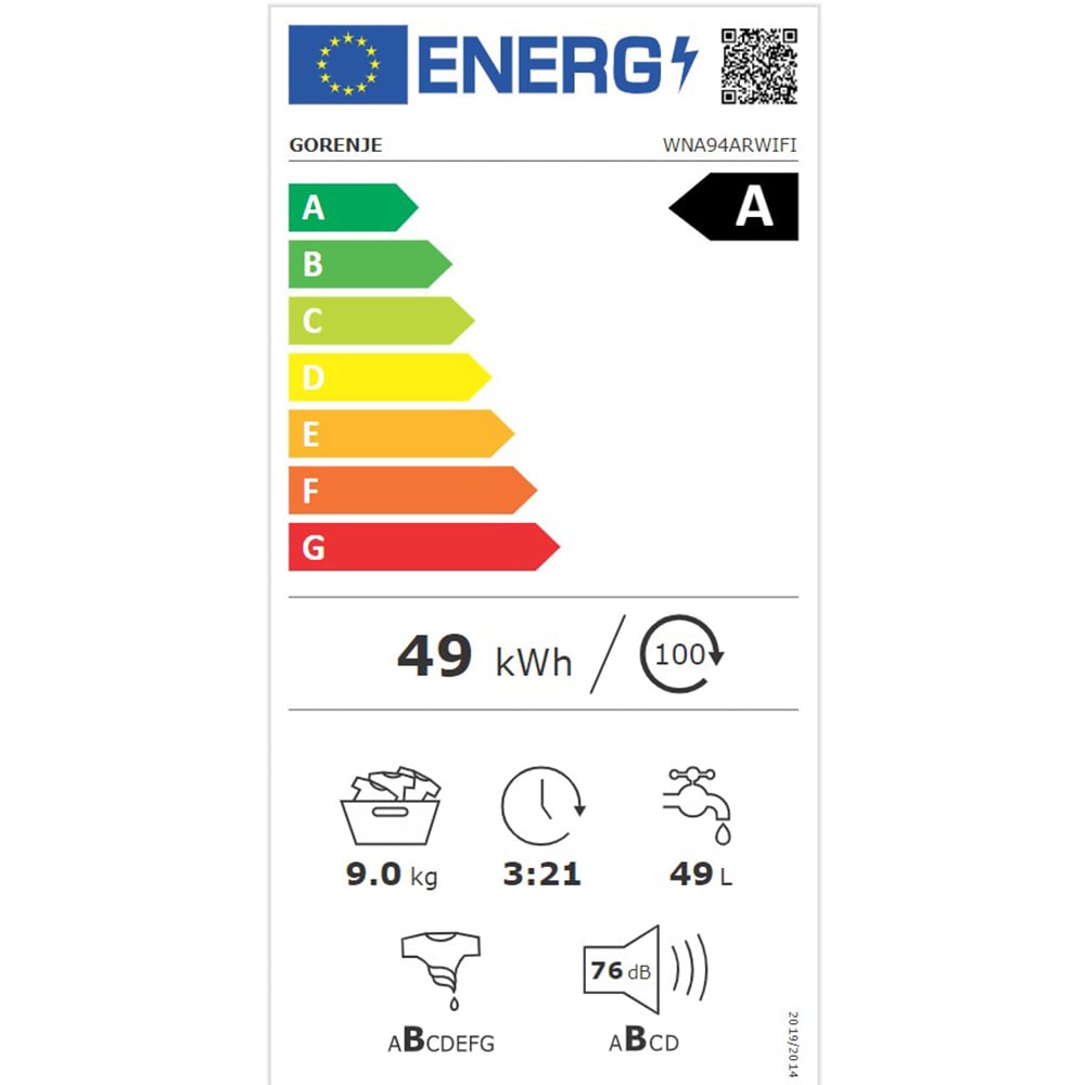 Masina de spalat rufe frontala GORENJE WNA94ARWIFI, SteamTech, 9 kg, 1400rpm, Clasa A, alb
