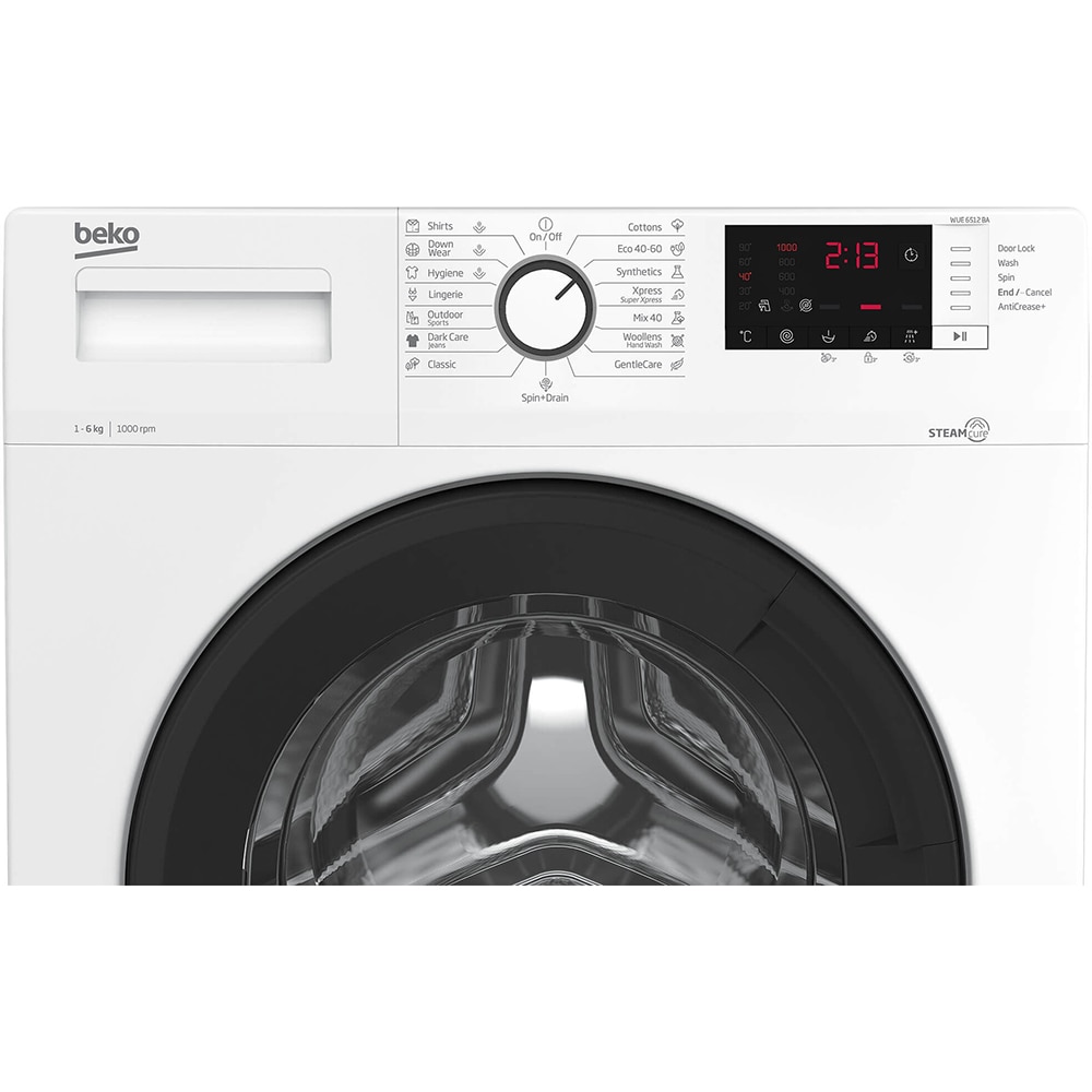 Masina de spalat rufe frontala slim BEKO WUE6512BA, 6 kg, SteamCure, 1000rpm, Clasa E, alb