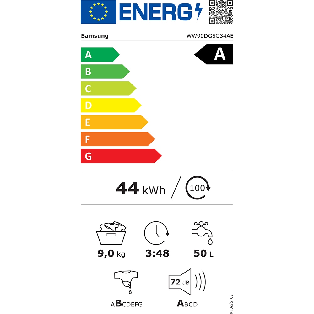 Masina de spalat rufe frontala slim SAMSUNG WW90DG5G34AELE, AI EcoBubble, AI Energy, 9 kg, 1400rpm, Clasa A, alb