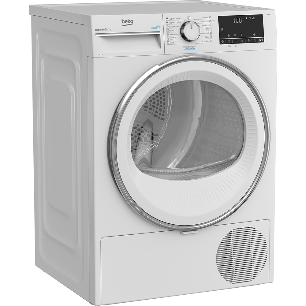 Uscator de rufe BEKO B3T41242, SteamCure, Pompa de caldura, 7kg, 15 programe, Clasa C, alb