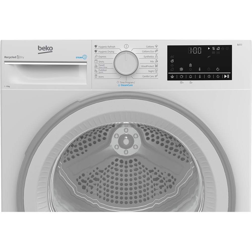 Uscator de rufe BEKO B3T42242, SteamCure, Pompa de caldura, 8kg, 15 programe, Clasa C, alb