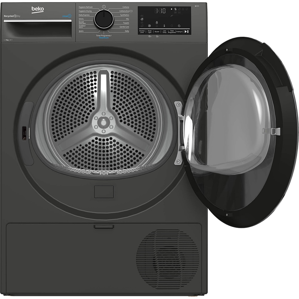 Uscator de rufe BEKO B3T43239, SteamCure, Pompa de caldura, 9 kg, 15 programe, Clasa E, gri inchis