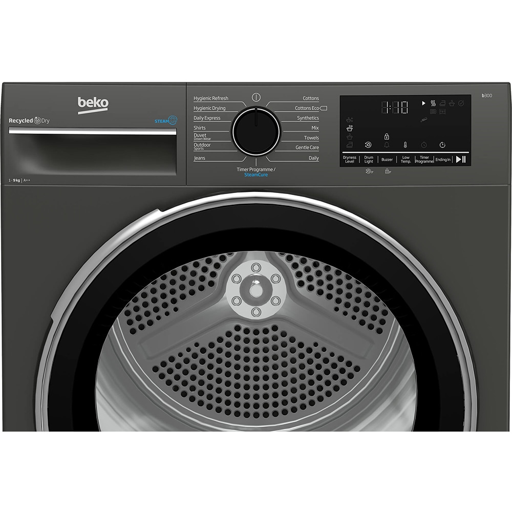 Uscator de rufe BEKO B3T43239, SteamCure, Pompa de caldura, 9 kg, 15 programe, Clasa E, gri inchis