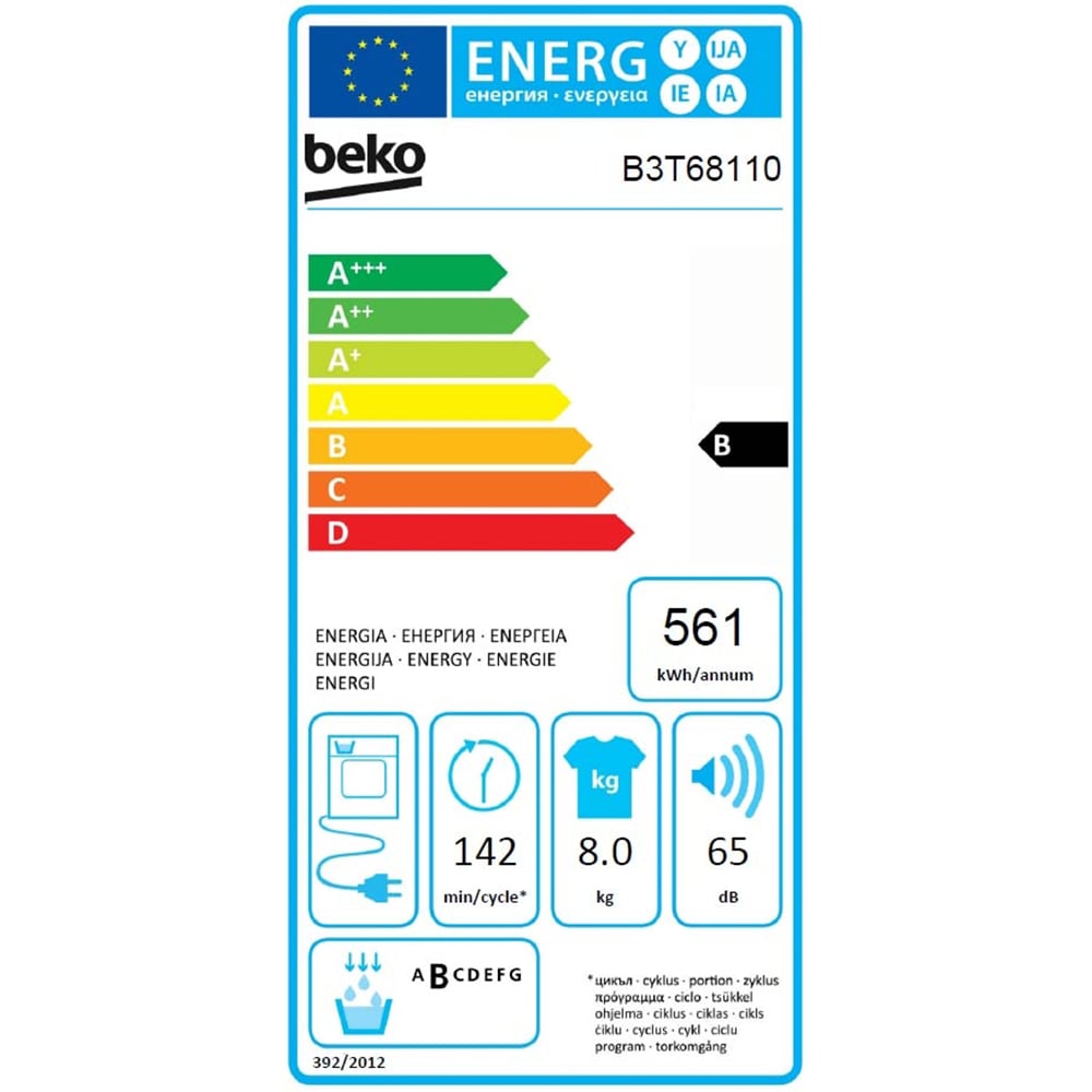 Uscator de rufe BEKO B3T68110, Condensare, 8kg, 15 programe, Clasa B, alb