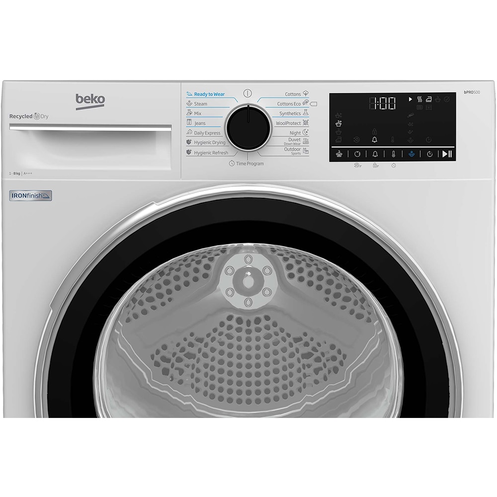 Uscator de rufe BEKO B5T68243, Aquawave, Pompa de caldura, 8kg, 15 programe, Clasa C, alb