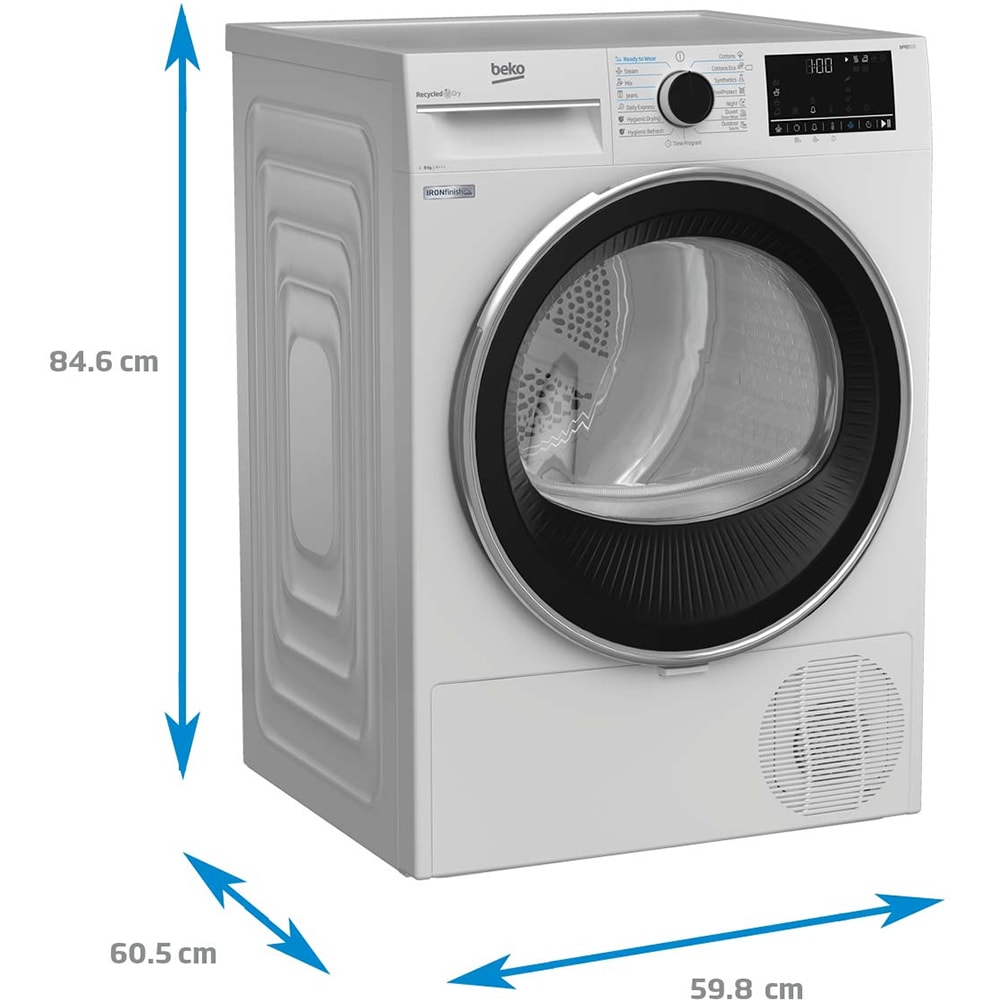 Uscator de rufe BEKO B5T68243, Aquawave, Pompa de caldura, 8kg, 15 programe, Clasa C, alb