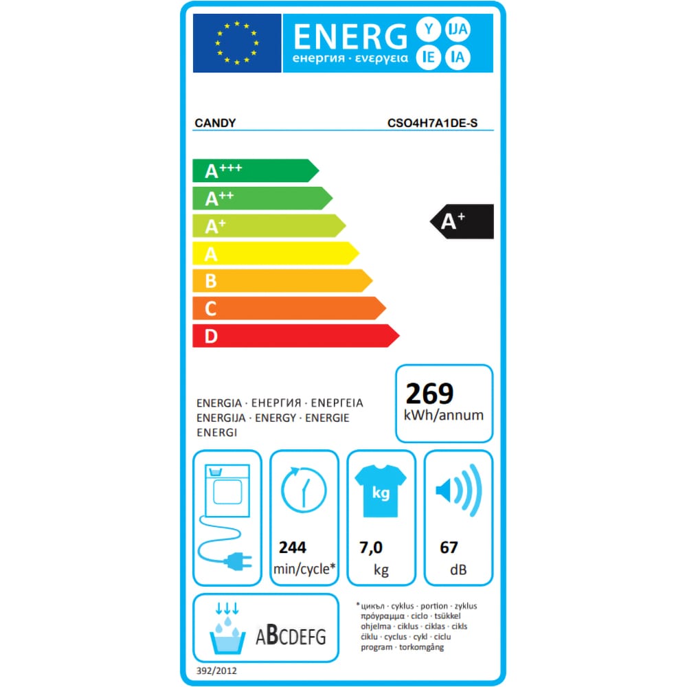 Uscator de rufe slim CANDY CSO4 H7A1DE-S, pompa de caldura, Wi-Fi, 7kg, 14 programe, Clasa A+, alb