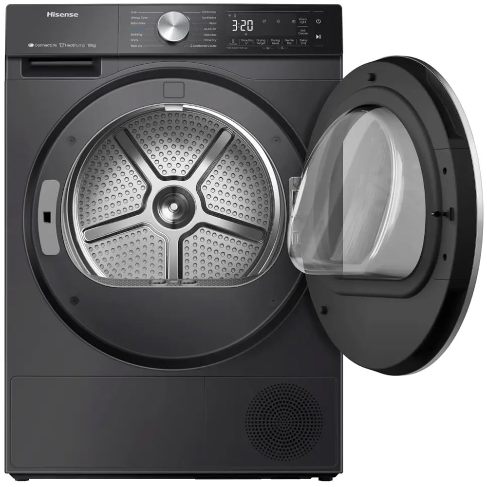 Uscator de rufe HISENSE DH5S102BB, Pompa de caldura, 10 kg, 17 programe, Clasa A+++, Wi-Fi, negru