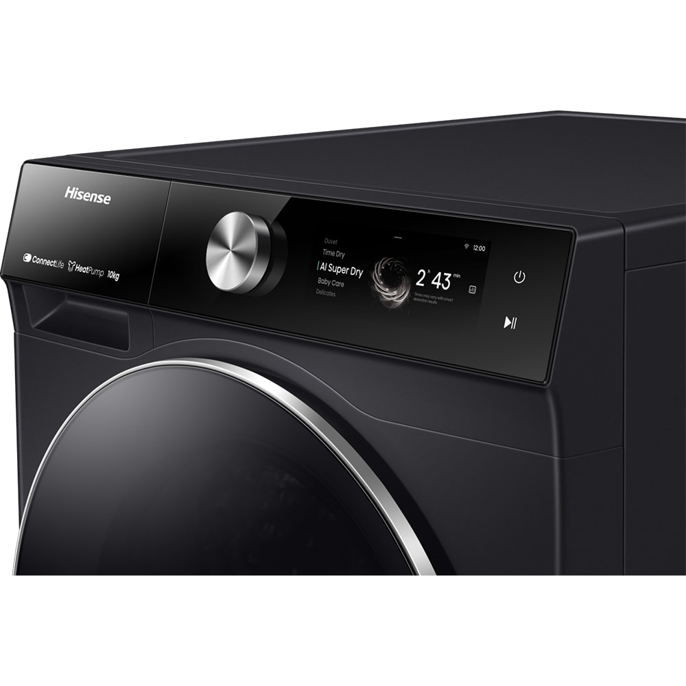 Uscator de rufe HISENSE DH7S107BB, Pompa de caldura, 10 kg, 20 programe, Clasa A+++, Wi-Fi, negru