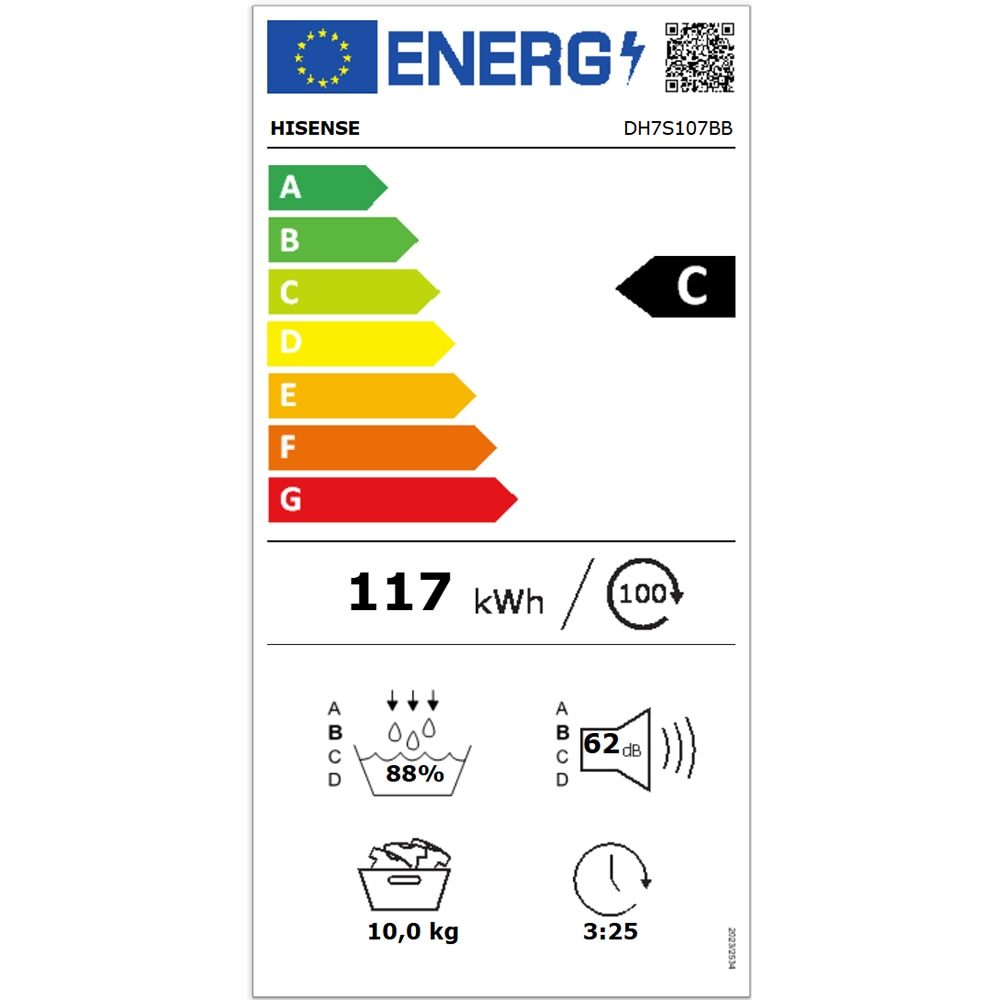 Uscator de rufe HISENSE DH7S107BB, Pompa de caldura, 10 kg, 20 programe, Clasa C, Wi-Fi, negru