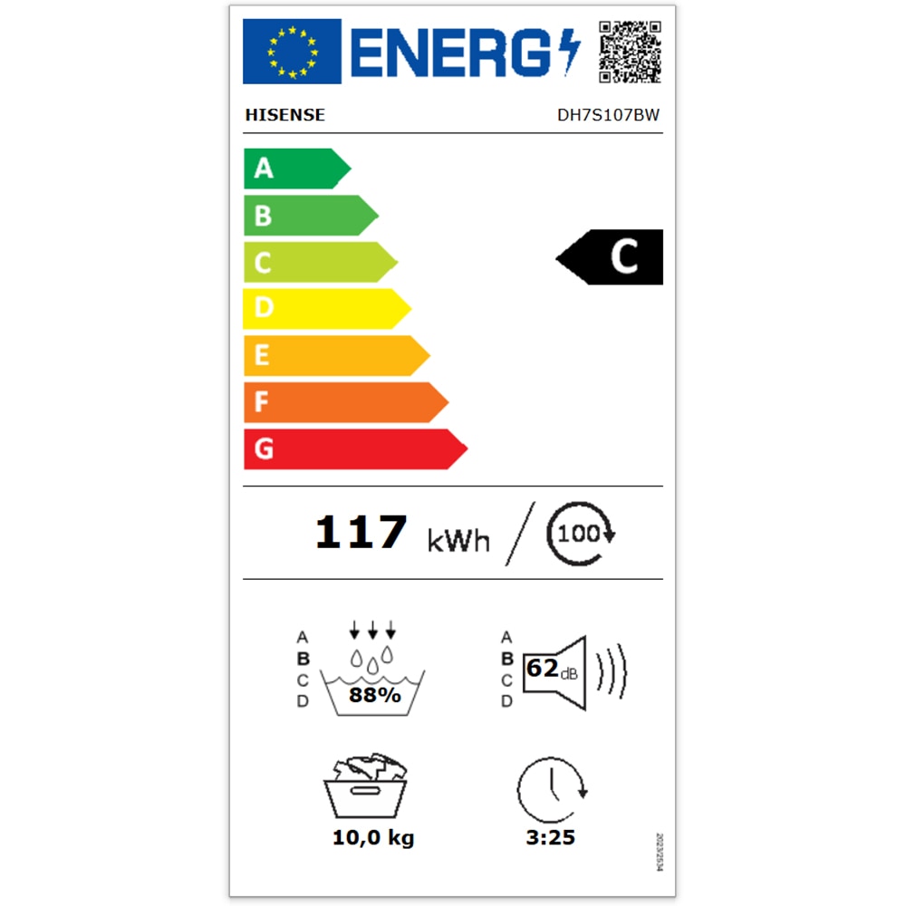 Uscator de rufe HISENSE DH7S107BW, Pompa de caldura, 10 kg, 20 programe, Clasa C, Wi-Fi, alb