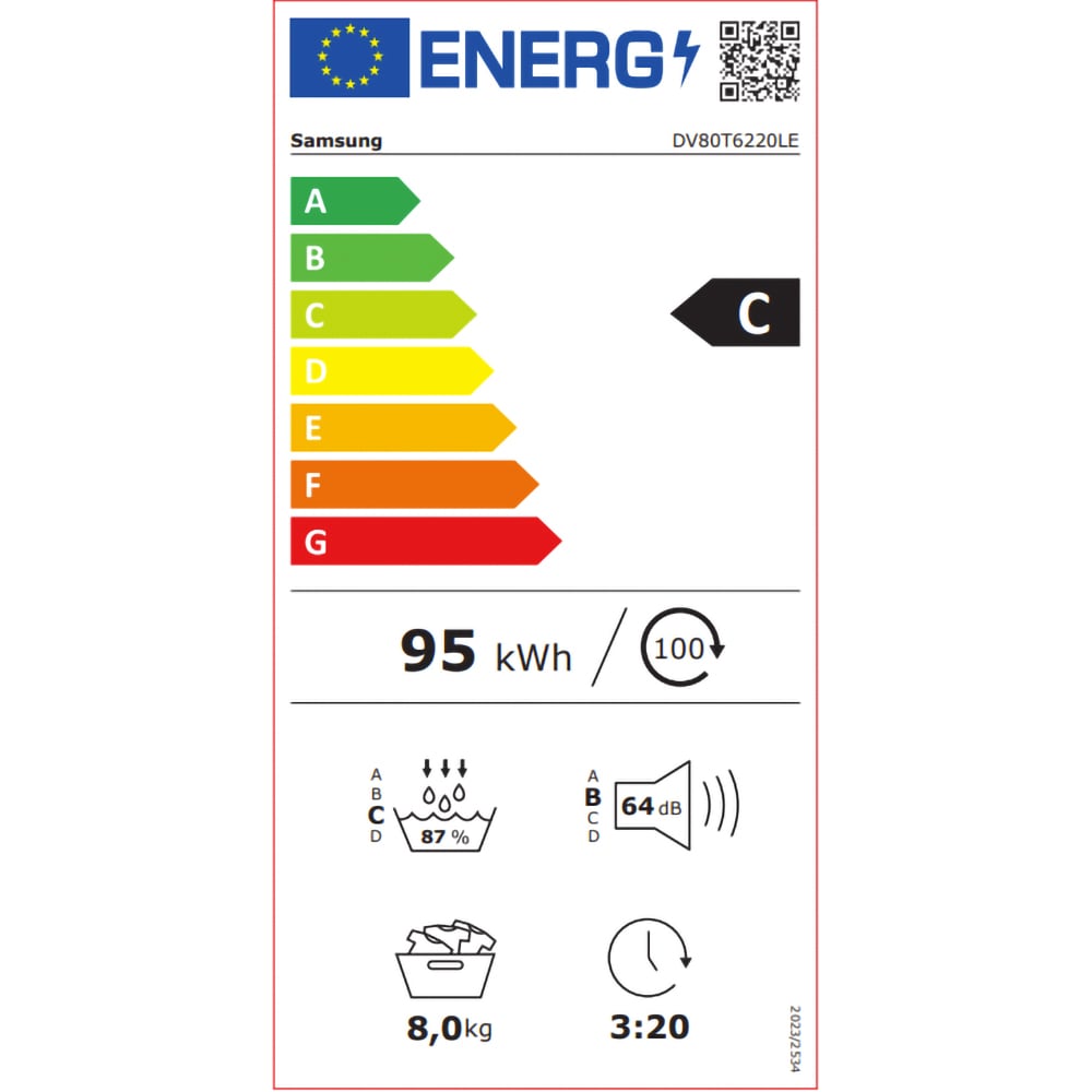 Uscator de rufe SAMSUNG DV80T6220LE/S7, AI Control, Pompa de caldura, 8 kg, 16 programe, Clasa C, alb