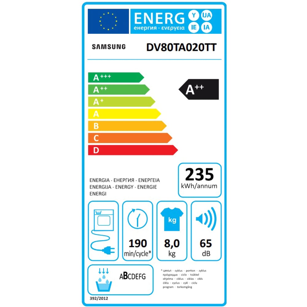 Uscator de rufe SAMSUNG DV80TA020TT/LE, Pompa de caldura, 8 kg, 14 programe, Clasa A++, alb