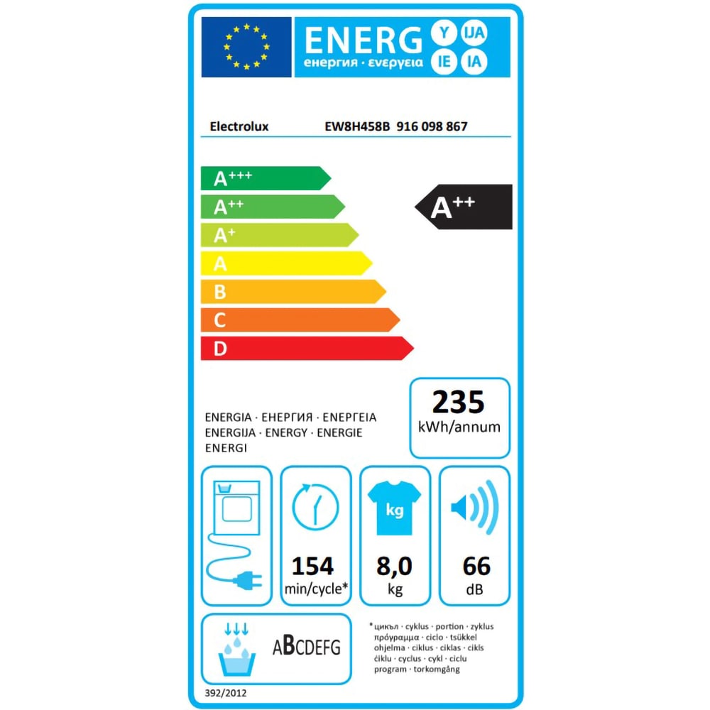 Uscator de rufe ELECTROLUX EW8H458B, Pompa de caldura, 8kg, 12 programe, Clasa A++, alb