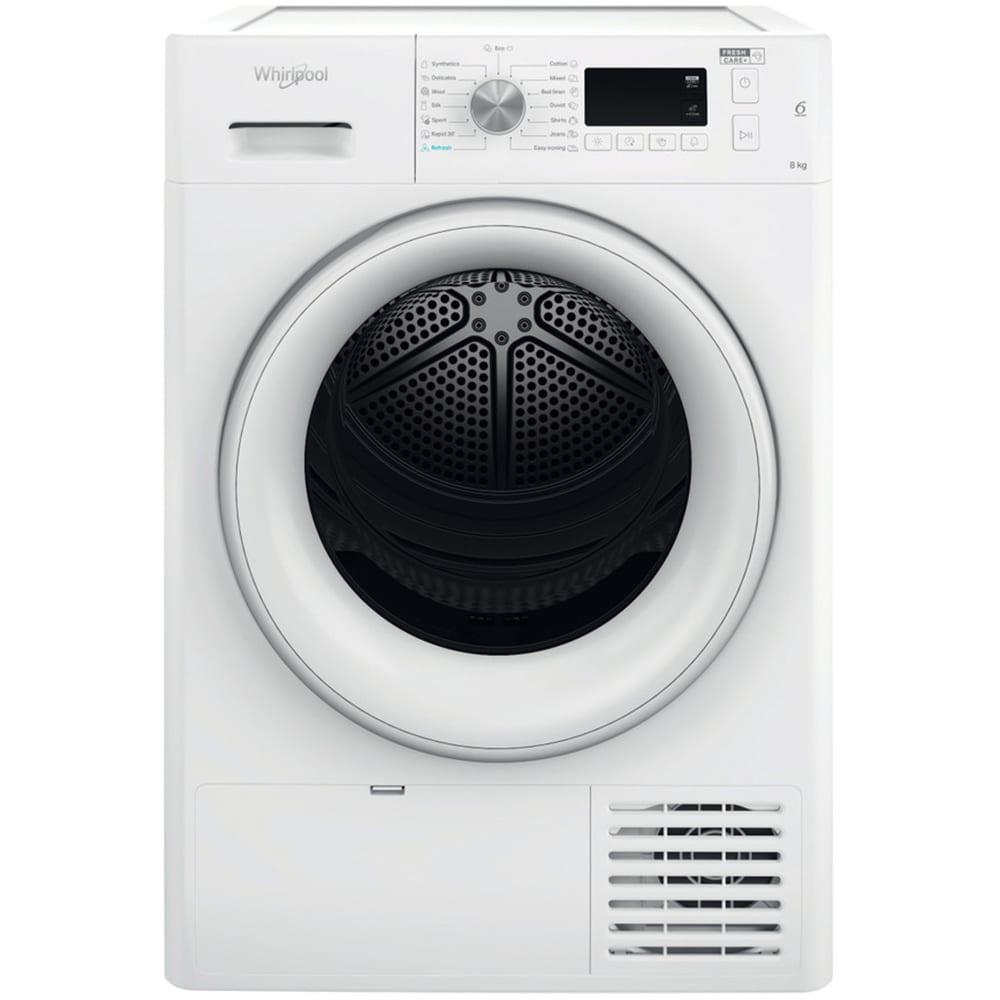 Uscator de rufe WHIRLPOOL FFT M11 82 EE R, 6th Sense, Pompa de caldura, 8 kg, 15 programe, Clasa A++, alb