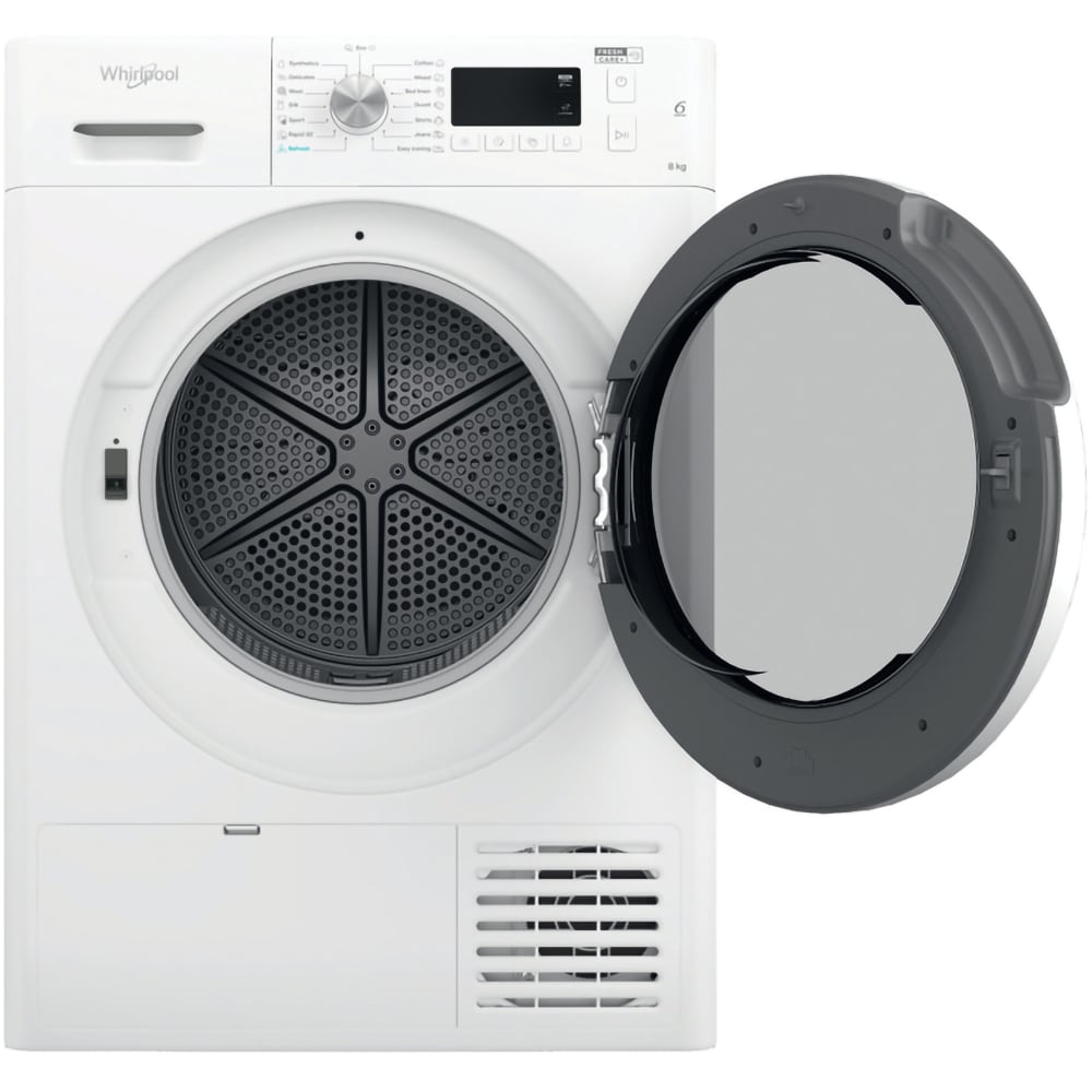 Uscator de rufe WHIRLPOOL FFT M11 82 EE R, 6th Sense, Pompa de caldura, 8 kg, 15 programe, Clasa A++, alb