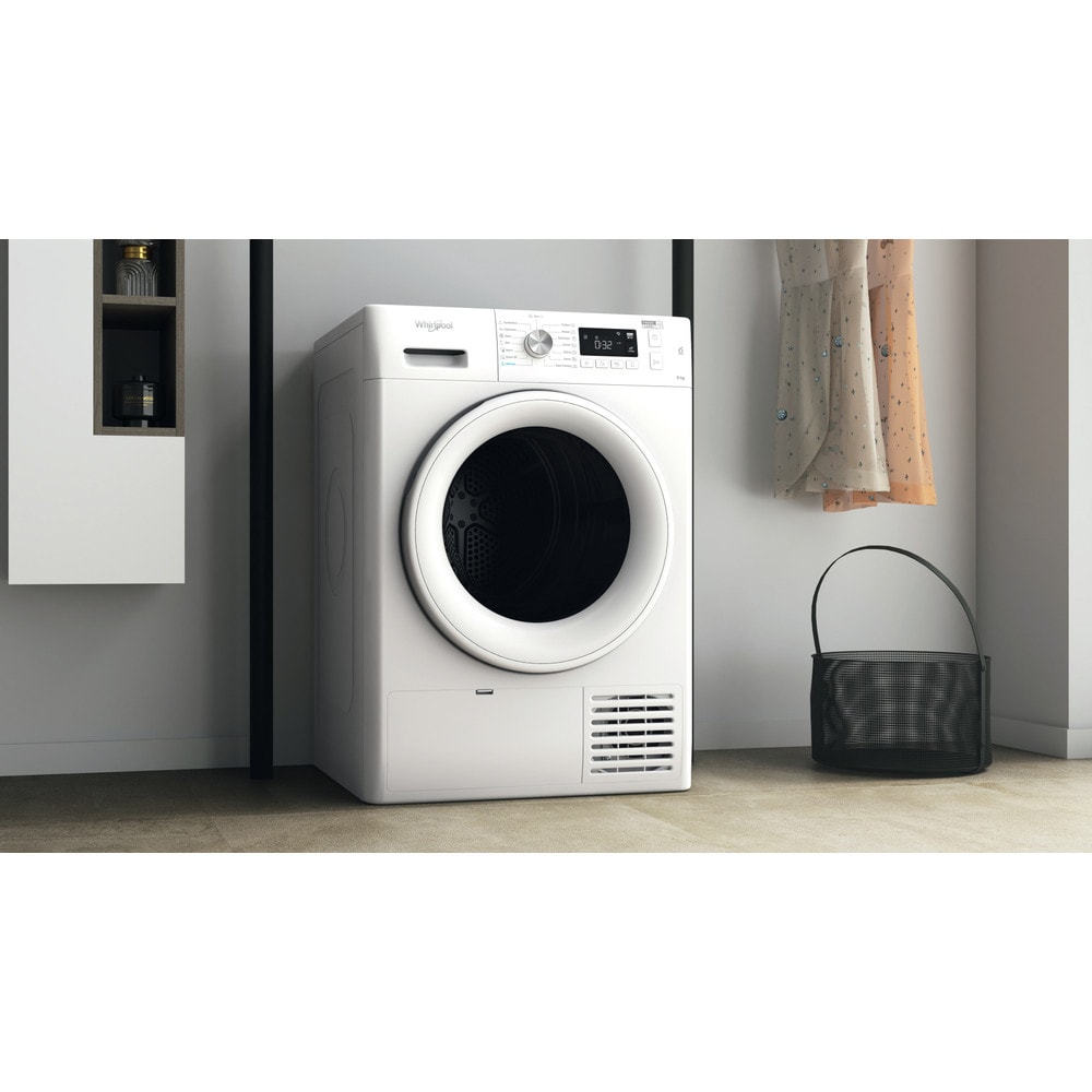 Uscator de rufe WHIRLPOOL FFT M11 82 EE R, 6th Sense, Pompa de caldura, 8 kg, 15 programe, Clasa A++, alb