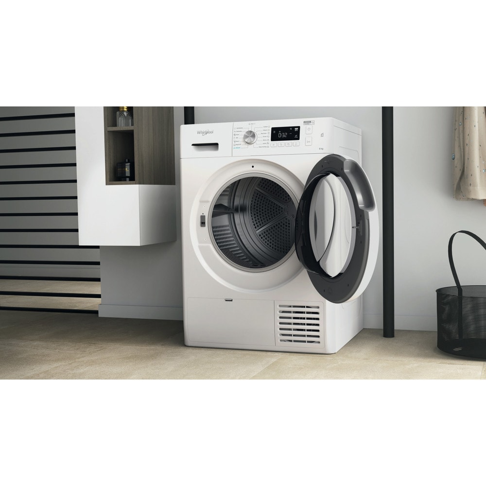 Uscator de rufe WHIRLPOOL FFT M11 82 EE R, 6th Sense, Pompa de caldura, 8 kg, 15 programe, Clasa A++, alb