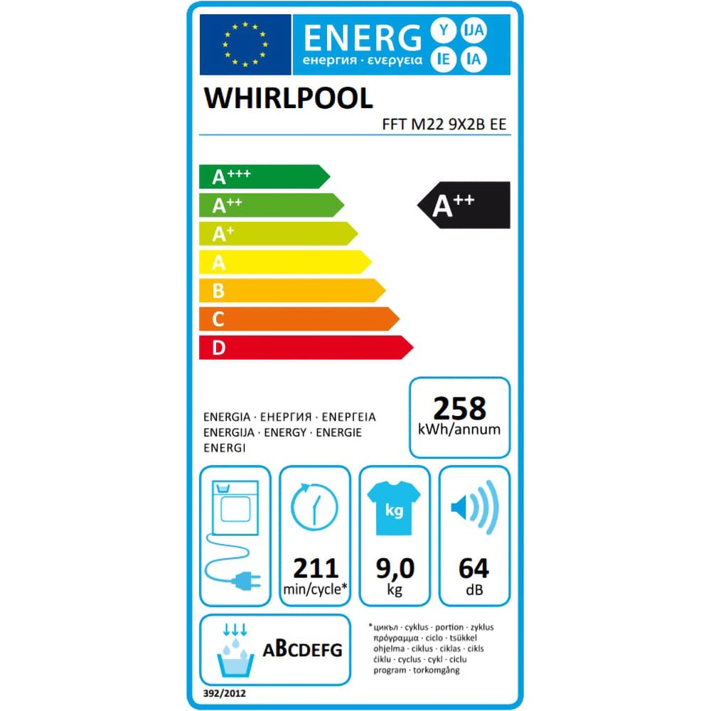 Uscator de rufe WHIRLPOOL FFT M22 9X2B EE, 6th Sense, Condensare si pompa de caldura, 9 kg, 15 programe, Clasa A++, alb