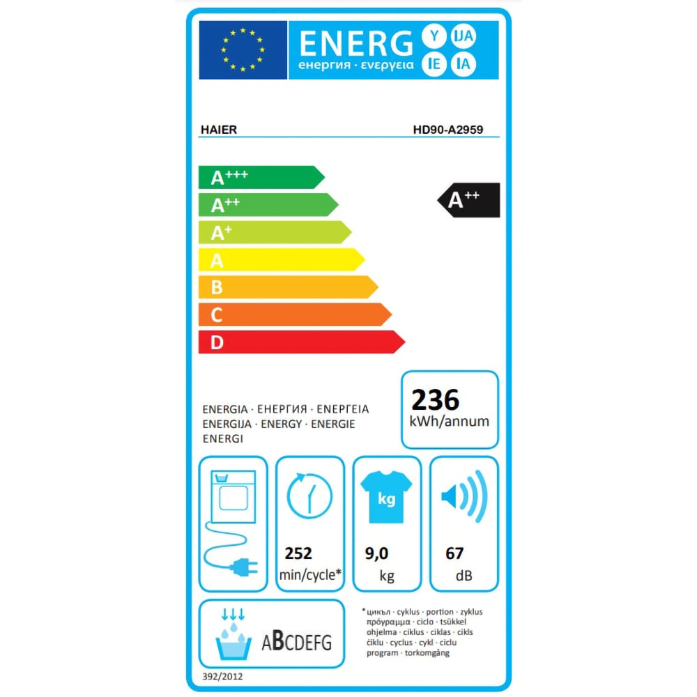 Uscator de rufe HAIER I-Pro Series 5 HD90-A2959, Pompa de caldura, 9 kg, 12 programe, Clasa A++, alb