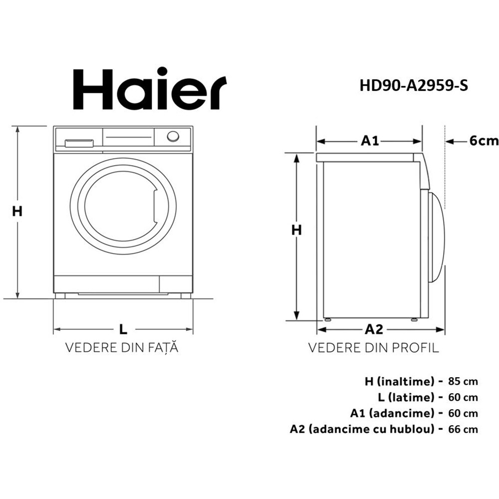 Uscator de rufe HAIER I-Pro Series 5 HD90-A2959, Pompa de caldura, 9 kg, 12 programe, Clasa A++, alb
