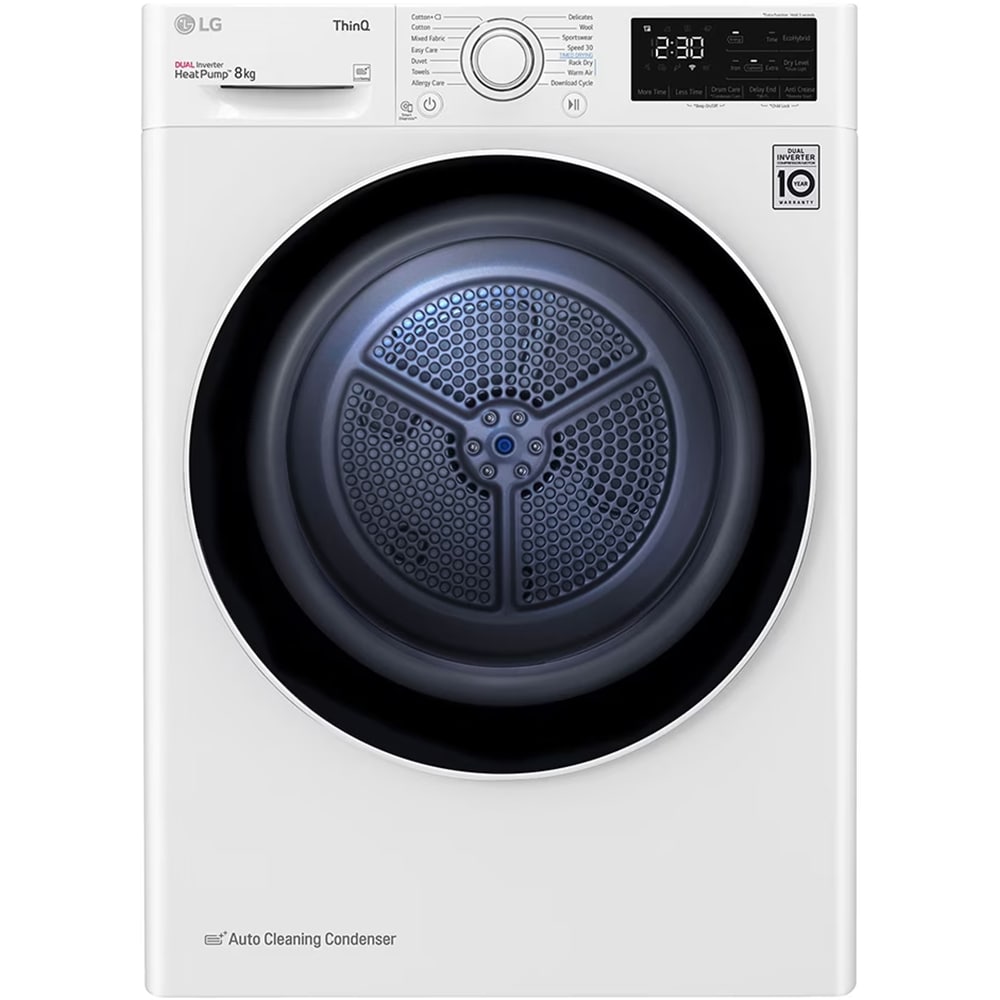 Uscator de rufe LG RH80V3AV6N, SmartThinQ, Condensare si pompa de caldura, 8 kg, 14 programe, Clasa D, alb