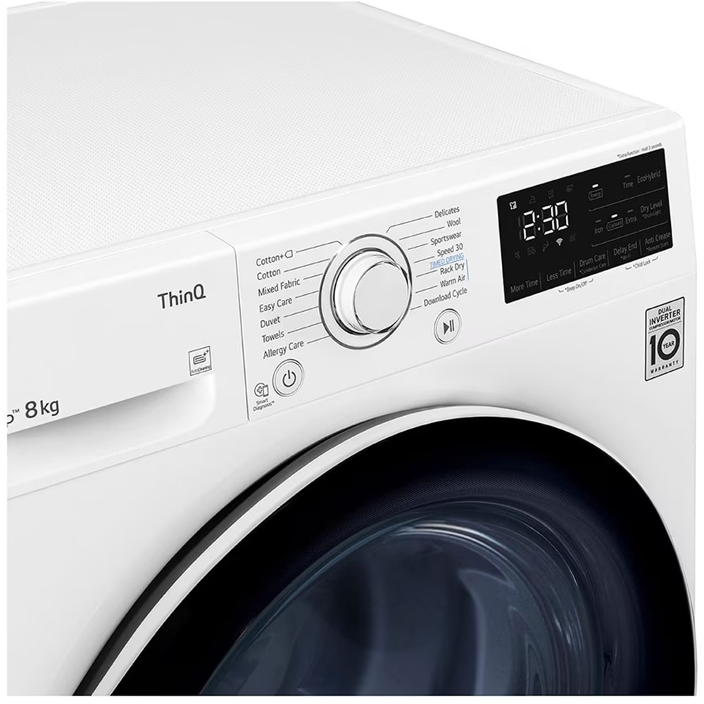 Uscator de rufe LG RH80V3AV6N, SmartThinQ, Condensare si pompa de caldura, 8 kg, 14 programe, Clasa D, alb