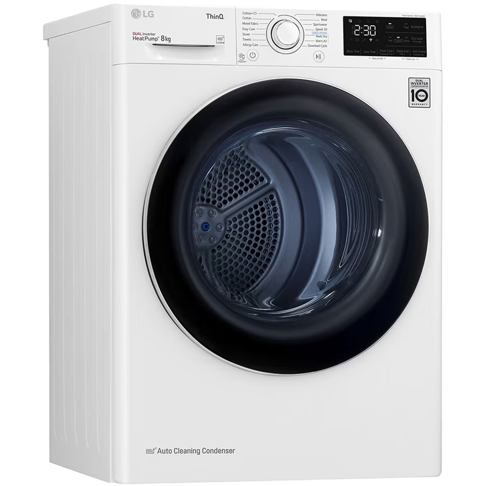 Uscator de rufe LG RH80V3AV6N, SmartThinQ, Condensare si pompa de caldura, 8 kg, 14 programe, Clasa D, alb