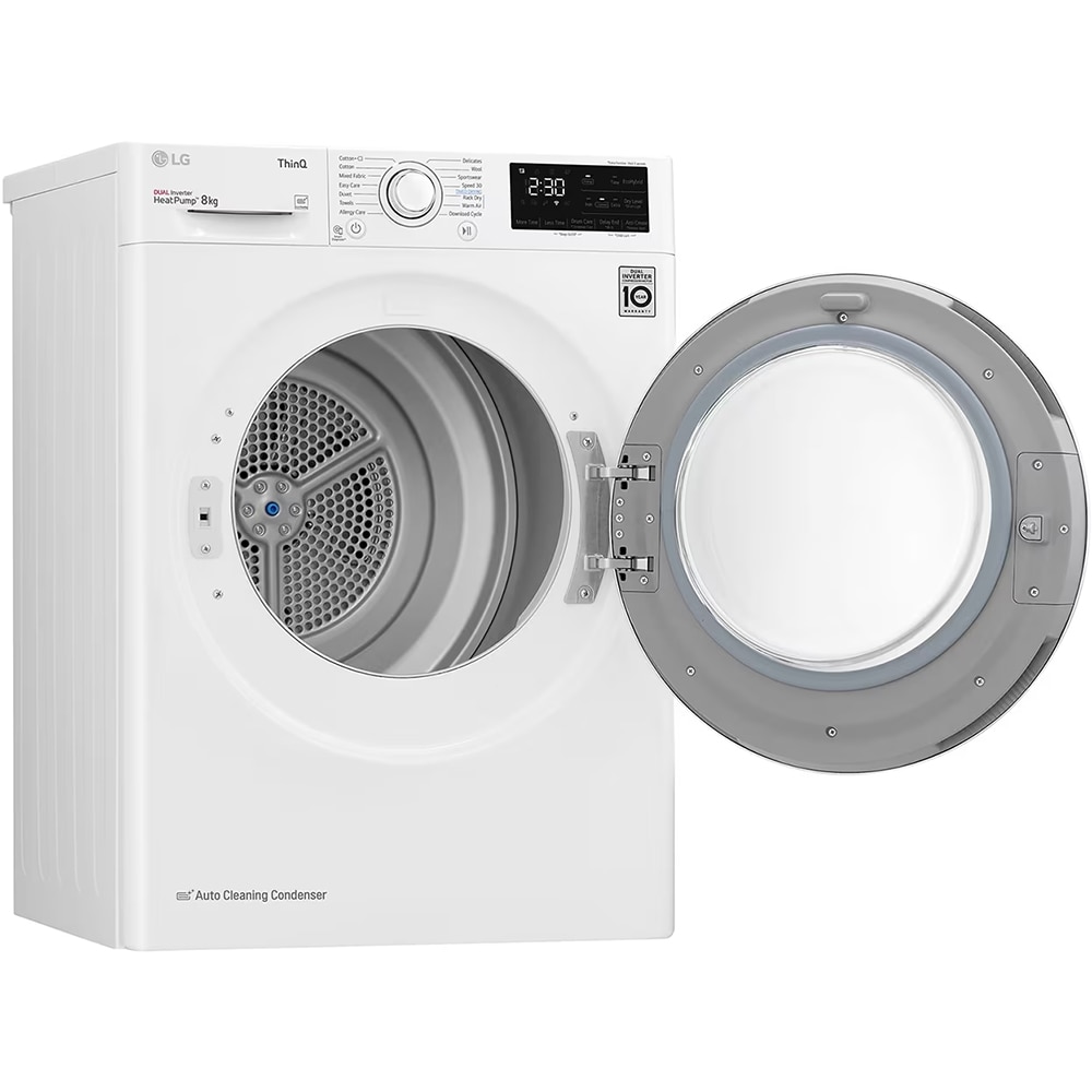 Uscator de rufe LG RH80V3AV6N, SmartThinQ, Condensare si pompa de caldura, 8 kg, 14 programe, Clasa D, alb