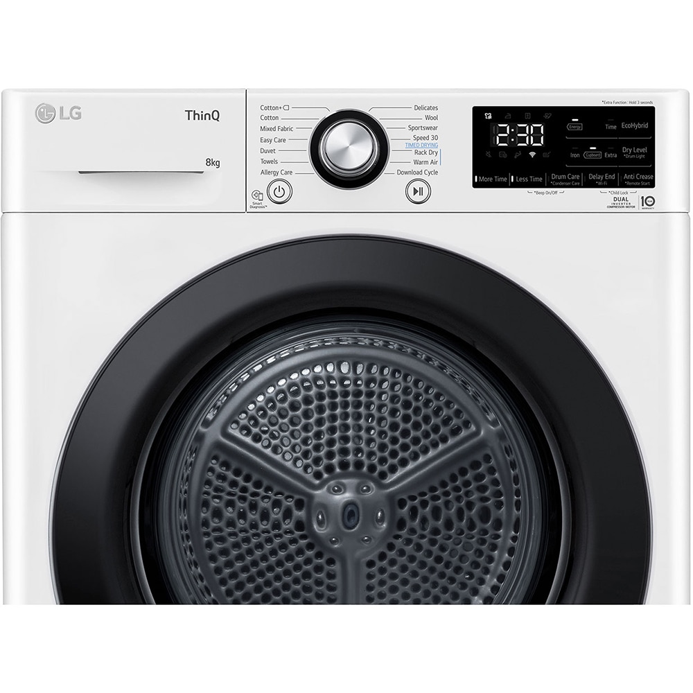 Uscator de rufe LG RH80V3AVBN, ThinQ, Pompa de caldura, 8 kg, 14 programe, Clasa D, alb