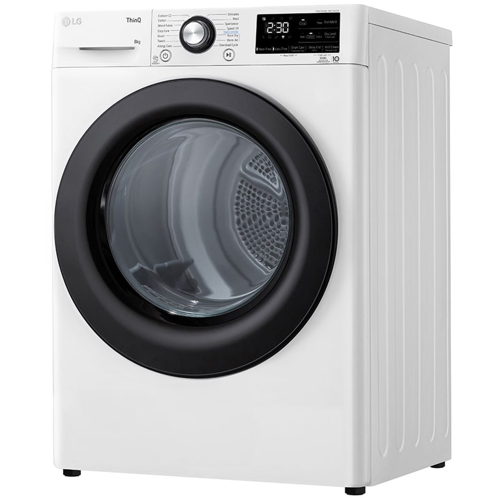 Uscator de rufe LG RH80V3AVBN, ThinQ, Pompa de caldura, 8 kg, 14 programe, Clasa D, alb
