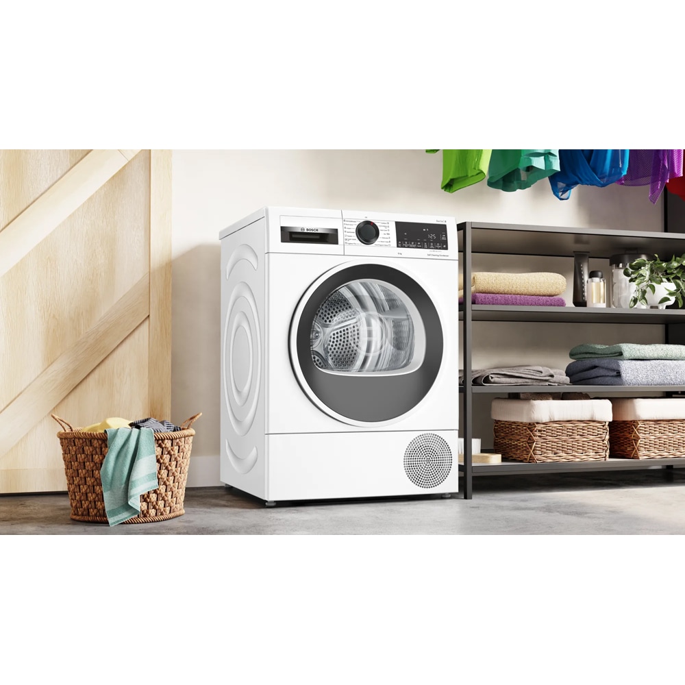 Uscator de rufe BOSCH WQG245D4BY, Condensare si pompa de caldura, 9 kg, 14 programe, Clasa C, alb