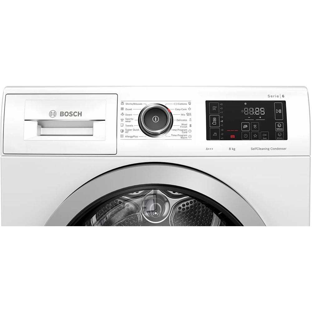 Uscator de rufe BOSCH WTW876LBY, Condensare si pompa de caldura, 8 kg, 14 programe, Clasa C, alb