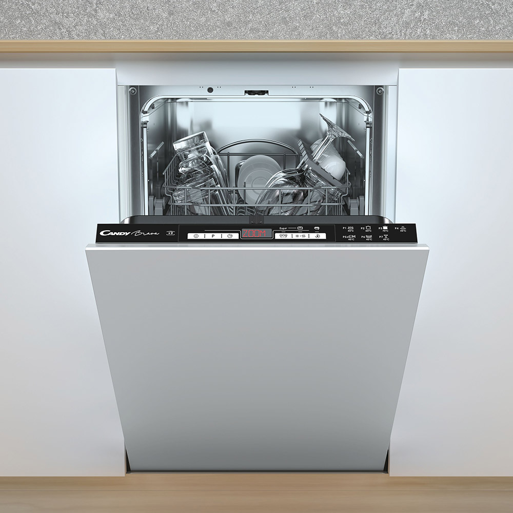 Masina de spalat vase incorporabila CANDY CDIH 2D949, 9 seturi, 7 programe, 45 cm, Clasa E, panou comanda negru
