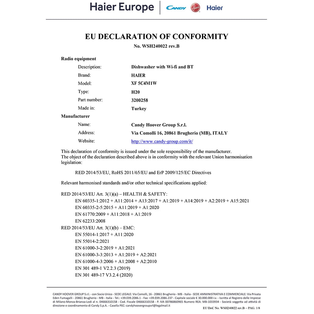 Masina de spalat vase independenta HAIER XF 5C4M1W, 15 seturi, 10 programe, 60 cm, Clasa C, alb