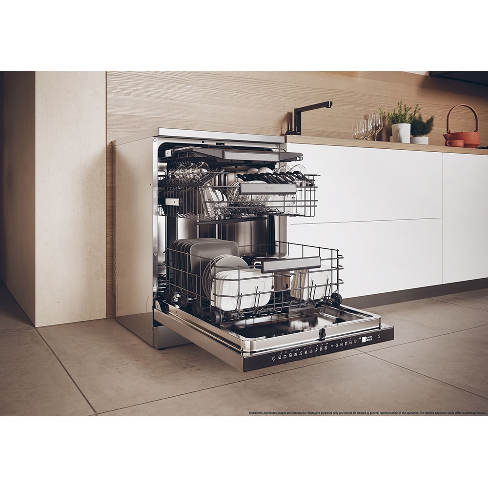 Masina de spalat vase independenta HAIER XF 5CM1X, 15 seturi, 10 programe, 60 cm, Clasa C, inox