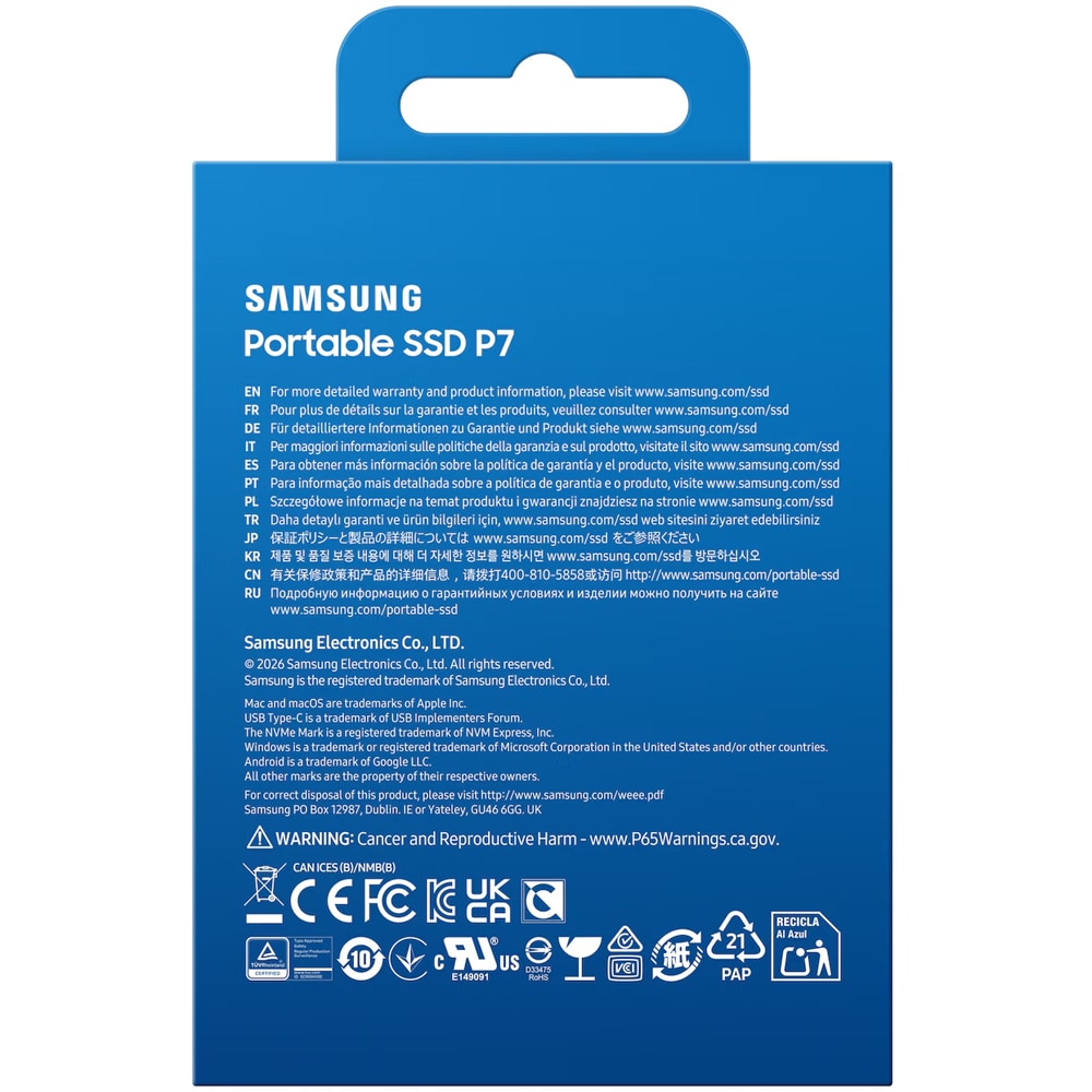 SSD extern SAMSUNG P7 MU-PF1T0G/WW, 1TB, USB4 Gen 3x2, negru
