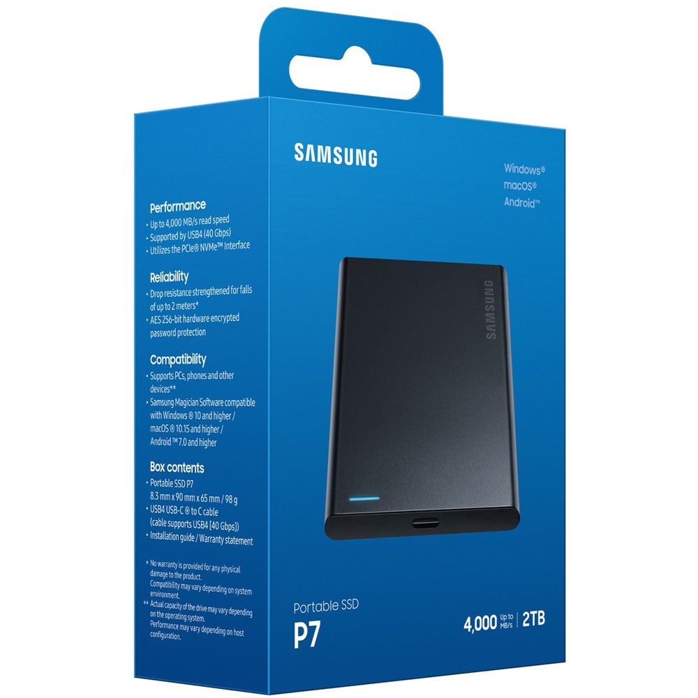 SSD extern SAMSUNG P7 MU-PF2T0G/WW, 2TB, USB4 Gen 3x2, negru