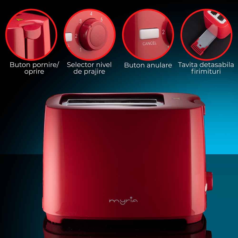 Prajitor de paine MYRIA MY4016, 2 felii, 700W, rosu