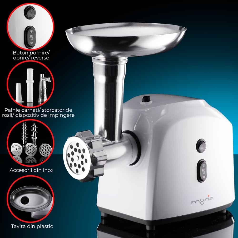 Masina de tocat carne MYRIA MY4075, 0.5kg/min, 1200W, accesoriu carnati/suc de rosii/kebbe, alb 