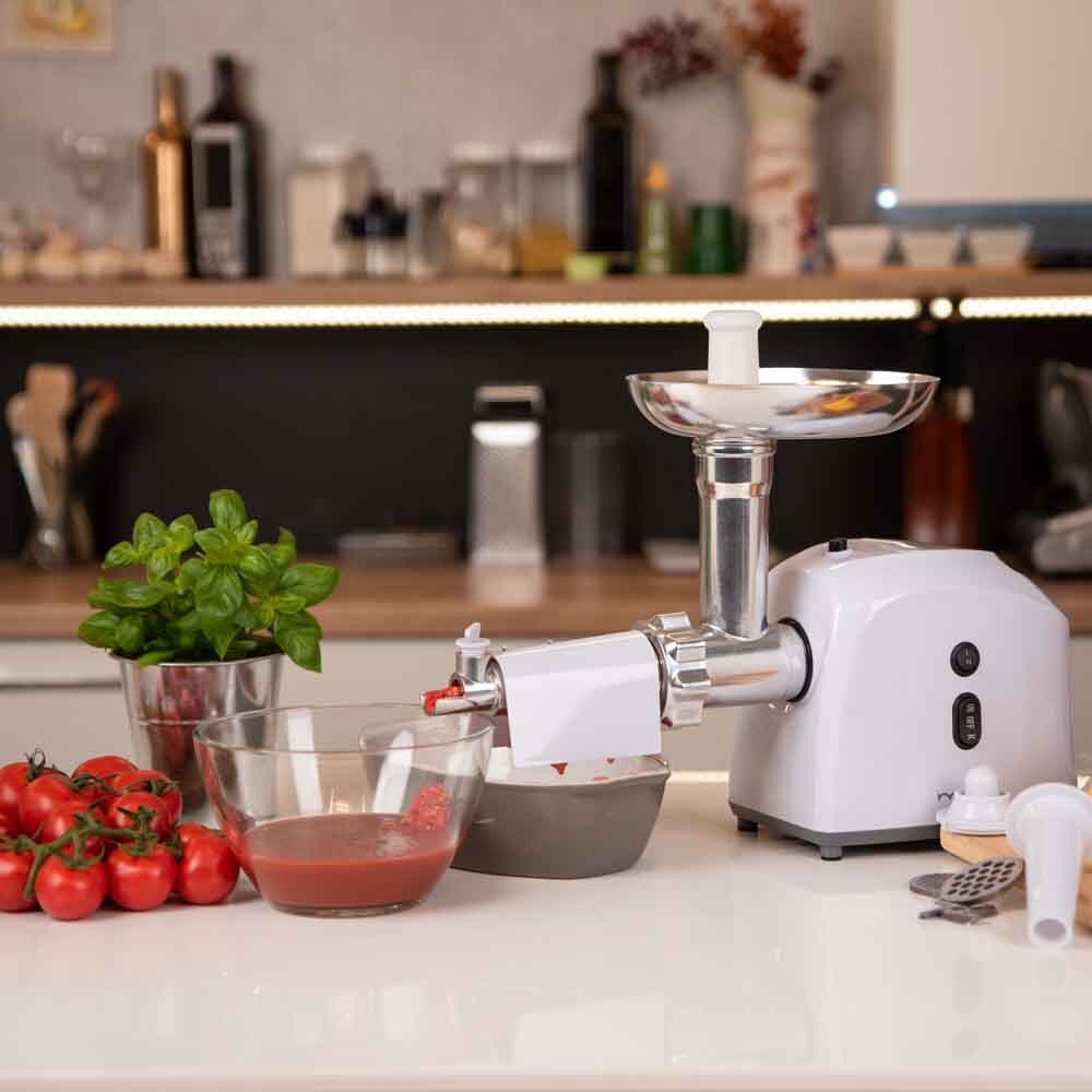 Masina de tocat carne MYRIA MY4075, 0.5kg/min, 1200W, accesoriu carnati/suc de rosii/kebbe, alb 