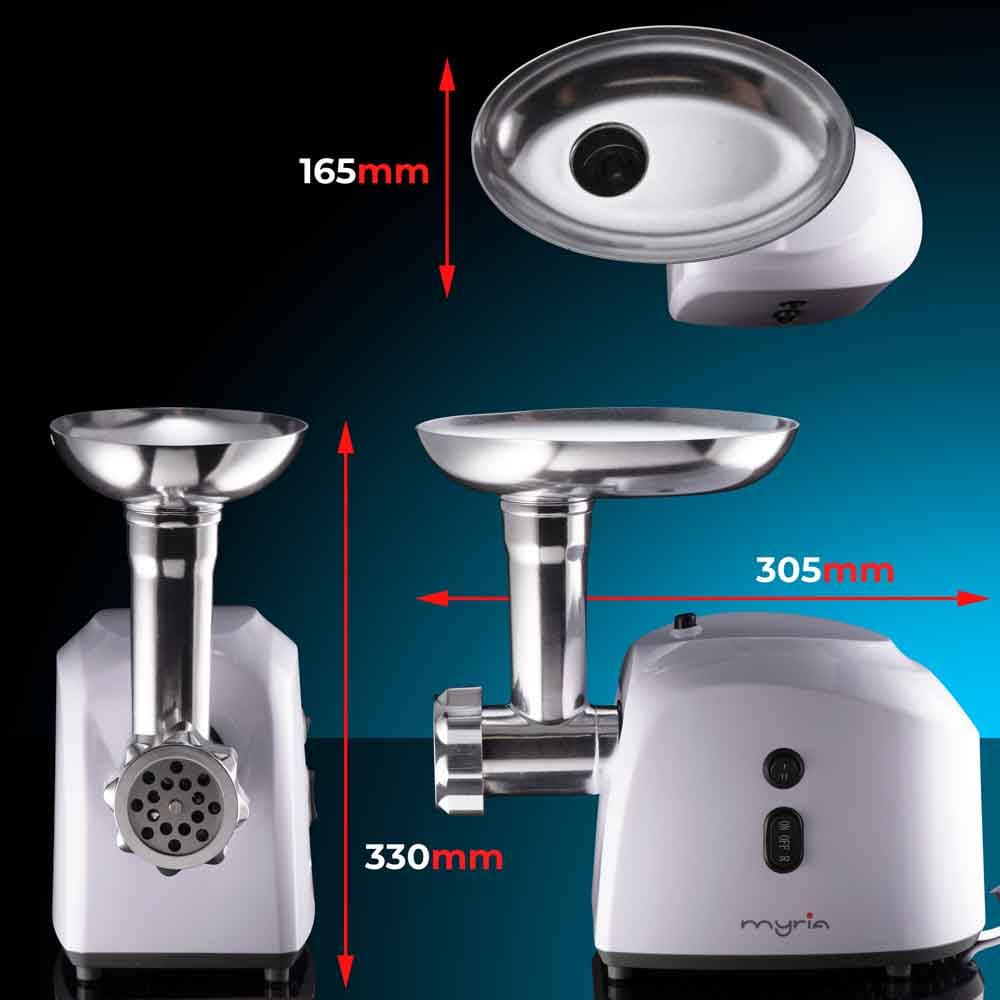 Masina de tocat carne MYRIA MY4075, 0.5kg/min, 1200W, accesoriu carnati/suc de rosii/kebbe, alb 
