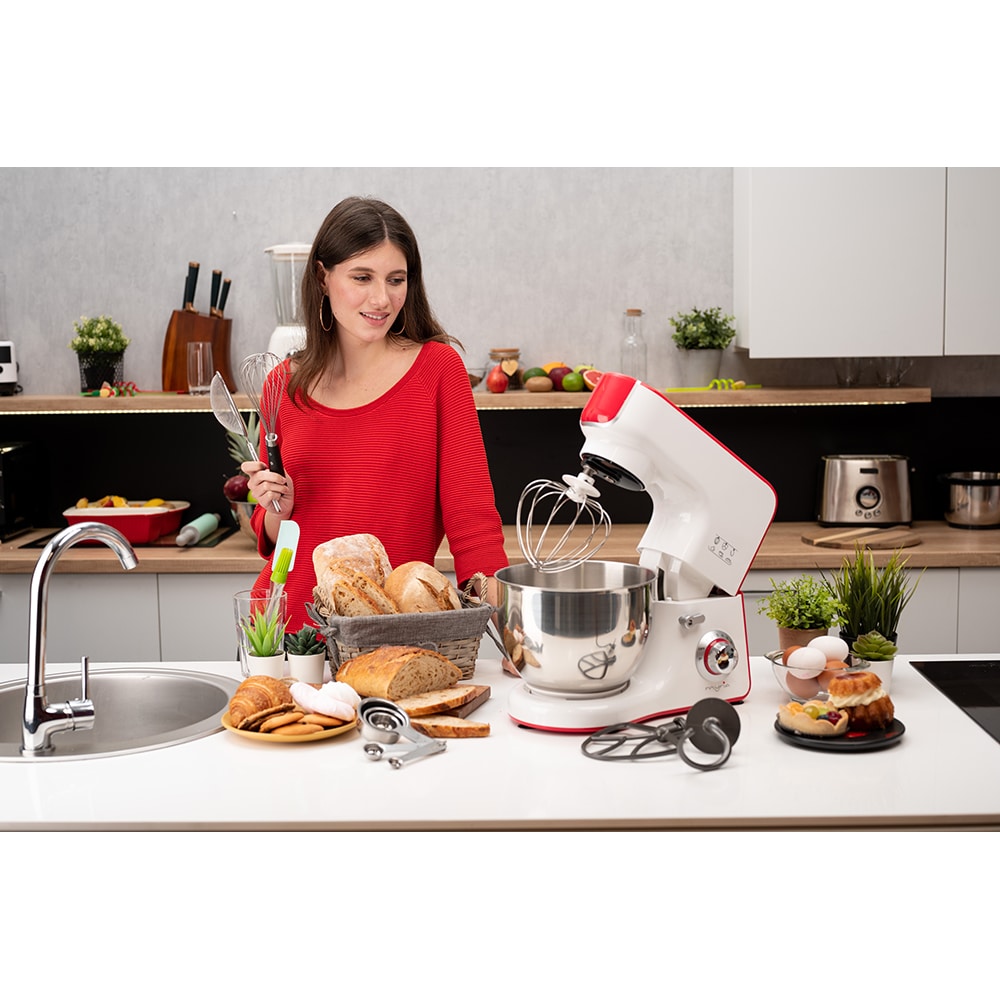 Mixer cu bol MYRIA MY4121, 5l, 1000W, 10 trepte viteza, alb-rosu