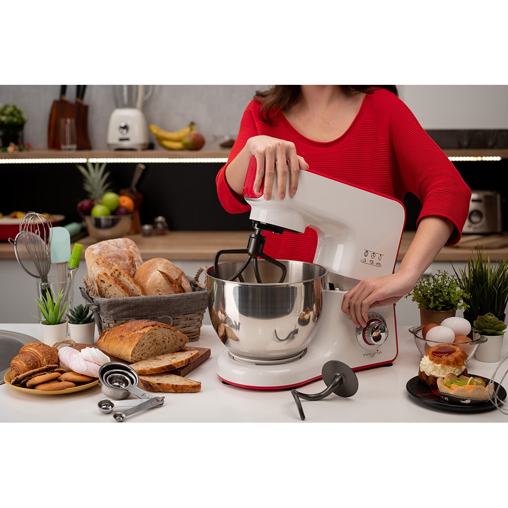 Mixer cu bol MYRIA MY4121, 5l, 1000W, 10 trepte viteza, alb-rosu