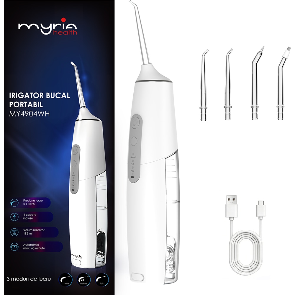 Irigator bucal MYRIA MY4904WH, 4 capete, 195ml, alb