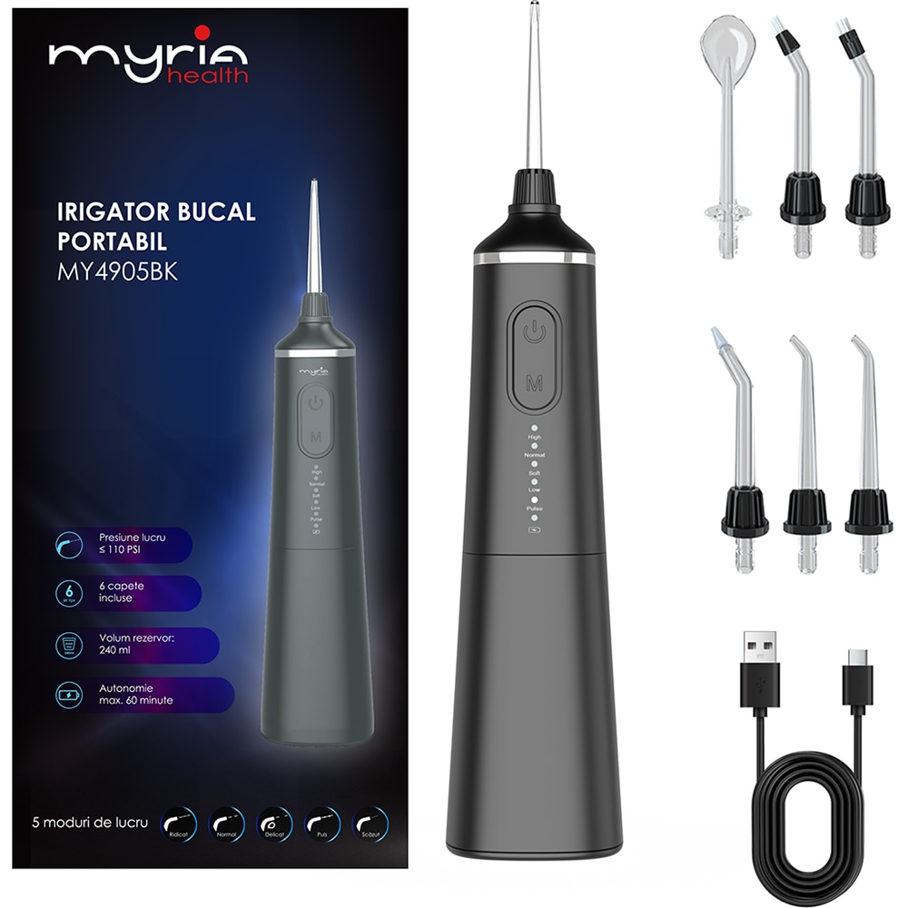 Irigator bucal MYRIA MY4905BK, 6 capete, 240ml, negru