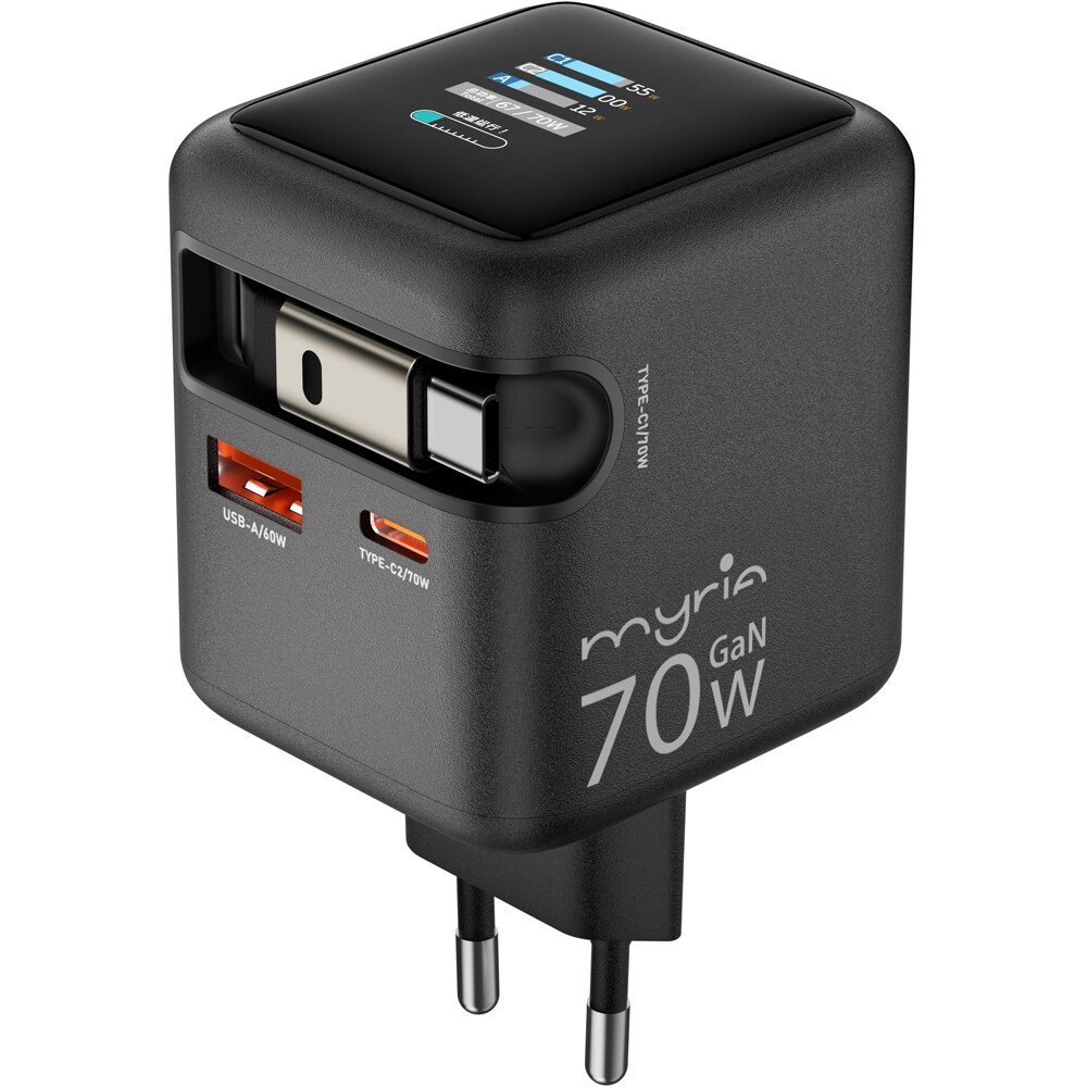 Incarcator retea MYRIA MY9114BK, 2x USB-C, 1x USB-A, Power Delivery 70W, negru