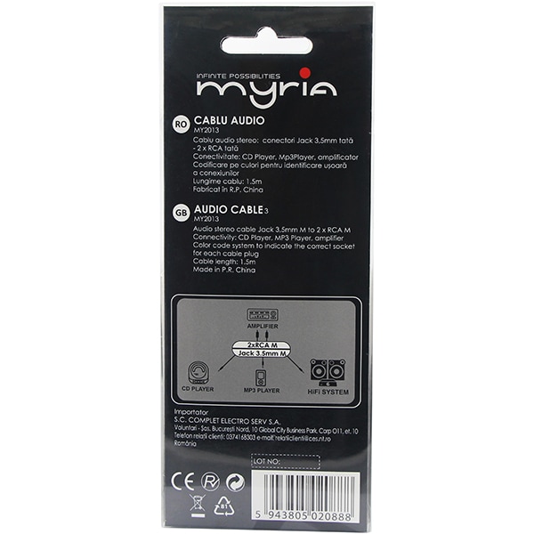 Cablu audio stereo jack 3.5mm - RCA MYRIA MY2013, 1.5mm, negru