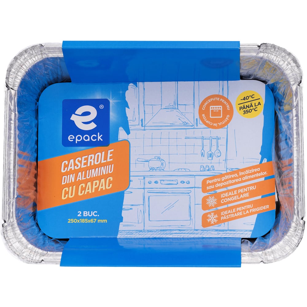 Caserola EPACK, aluminiu, cu capac, 25 x 18.5 x 6.7 cm, 2 bucati
