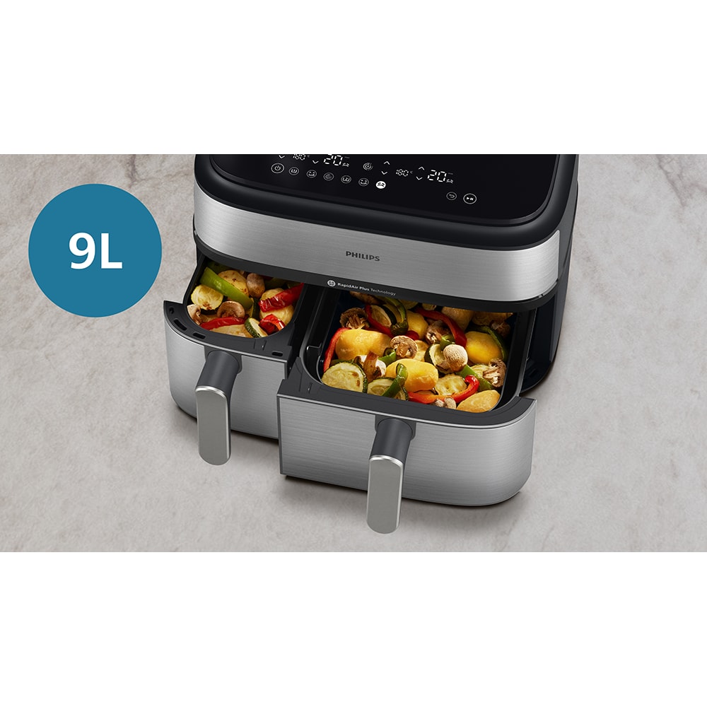 Friteuza cu aer cald dubla PHILIPS Seria 5000 NA555/00, 3kg, 9l, 2750W, functie Air Steam, argintiu-negru
